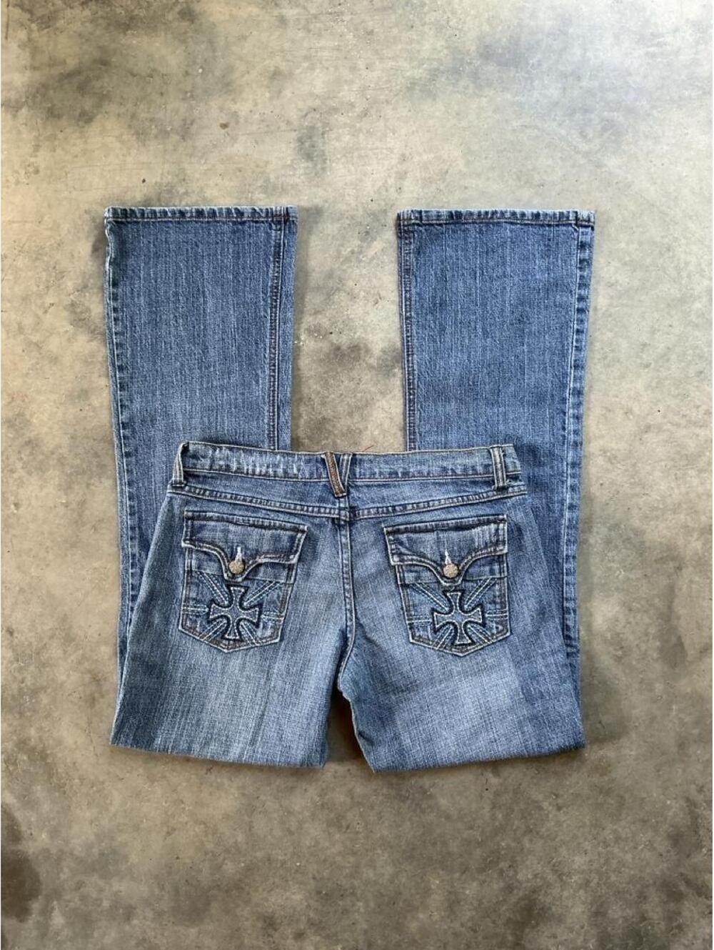 Y2K Influence Low Rise Bootcut Jeans | Cross Pocket Embroidered Denim